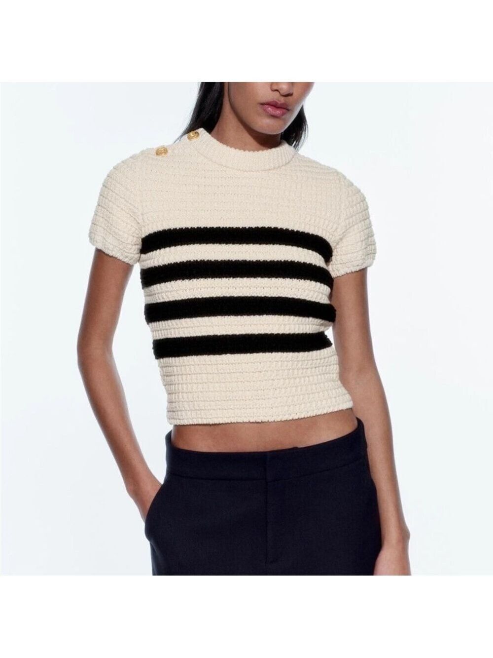 Zara Black and Cream Striped Short Sleeve Top